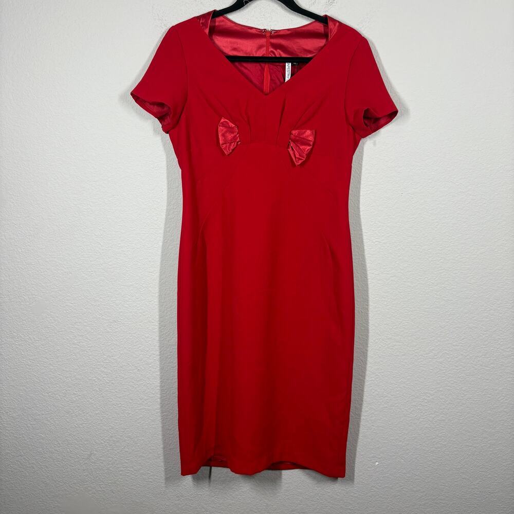 Tapestry International Size 6 Bow Sheath Dress Red V Neck Hourglass Short Sleeve